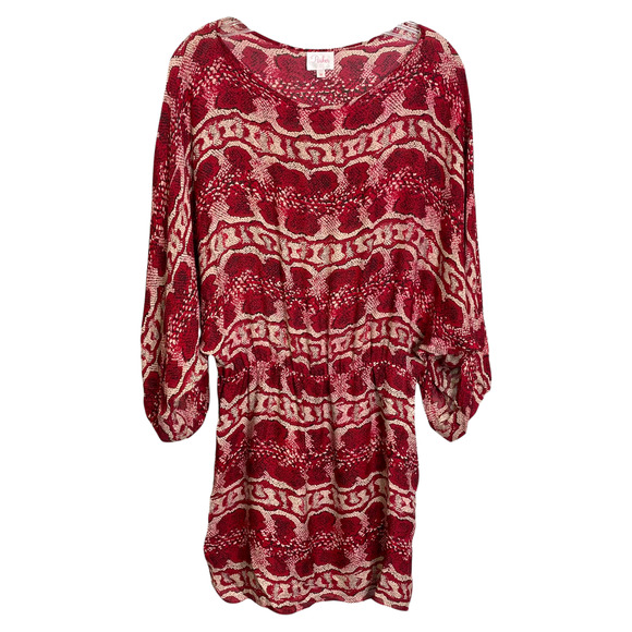 Parker Women's Dress Red Rose Syncned Long Sleeve 100% Silk Scoop Neck Size M